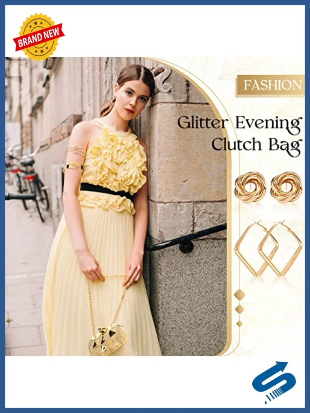 Gold Clutch Purse Women Evening Handbag Set with Jewelry Earrings Arm Cuffs